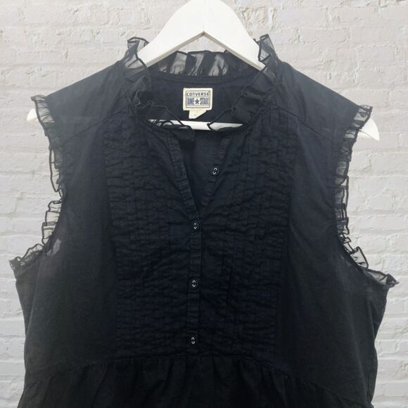 Converse One Star Top Size L Black Button Front Ruffle Sleeveless Cotton Blouse - Picture 4 of 16